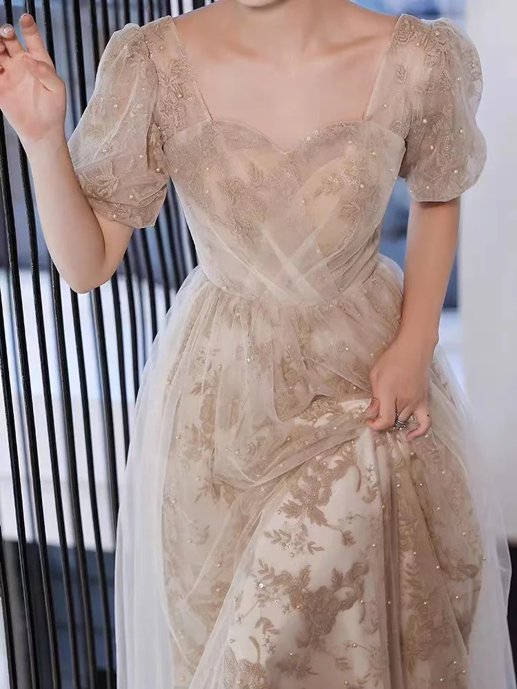 Affascinanti abiti da sera champagne da sposa slim a-line maniche corte moda colletto quadrato lunghi abiti da ballo per banchetti abiti