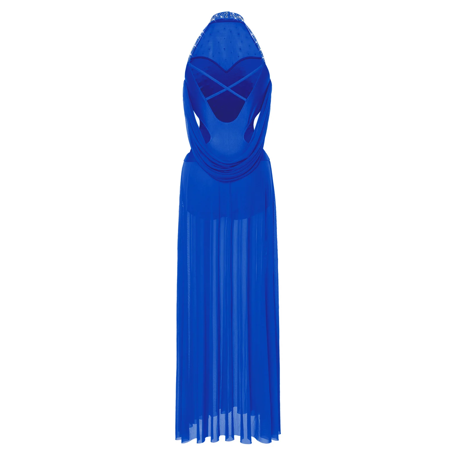 

Women Lyrical Dance Costume Halter Sleeveless Sparkly Rhinestones Backless Ballet Leotard Maxi Long Dress Contemporary Dancewear