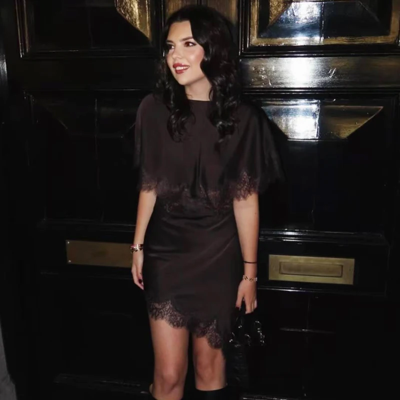 HXAO Satijnen Asymmetrische Jurk Damesjurken Zomer Sexy Kant Mini Uitgesneden Vleermuismouwen Jurk Elegante Cocktail Avond Vestidos