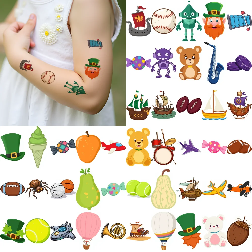

54pcs Temporary Tattoo Leprechaun Waterproof Long-lasting Body Stickers Robot Teddy Bear Cartoon Candy For Cheeks Boys Girls