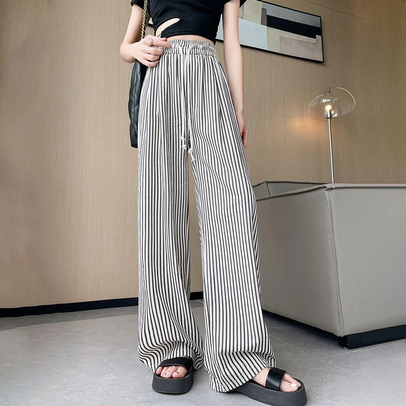 Vertical Striped High Waisted Drawstring Loose Fashionable Casual Pants For Women