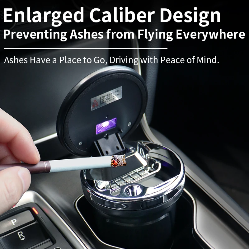 Luxury Auto Ashtray Wood Grain Lid UV LED Light One-Click Open Flame Retardant Ceramic Liner Reduce Smoke Hazards