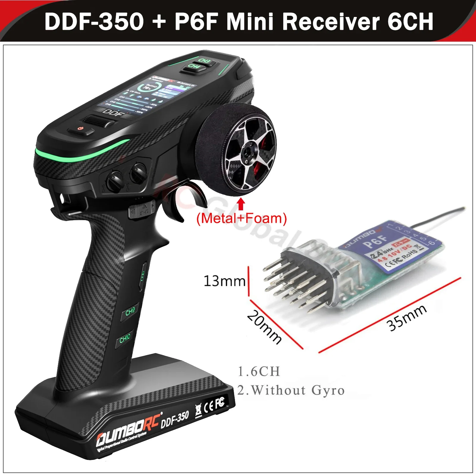DUMBORC DDF-350 10CH 10-kanaals zender P6F P6DCG Gyro-ontvanger Metalen handwiel afstandsbediening voor RC auto vliegtuig boot