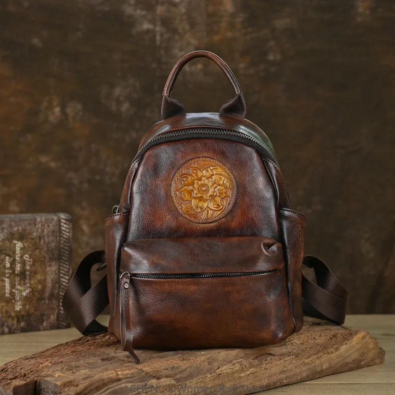 

Retro Genuine Leather Women Backpack Multi Purpose Embossed Handbag Handmade Large Capacity Travel Bag Cowhide Schoolbag