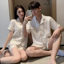 Solid Color Sleepwear Silk Satin Pajamas Couple Set Short Button-Down Pyjamas Suit Pijama Women Men Loungewear Plus Size Pj Set