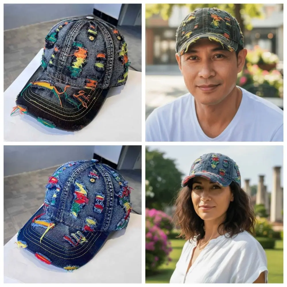 Unisex Retro Distressed Denim Baseballkappe - Verstellbare Druckknopf-Kappe im Koreanischen Stil, Atmungsaktiver Gewaschener Denim-Stoff – Detail 4