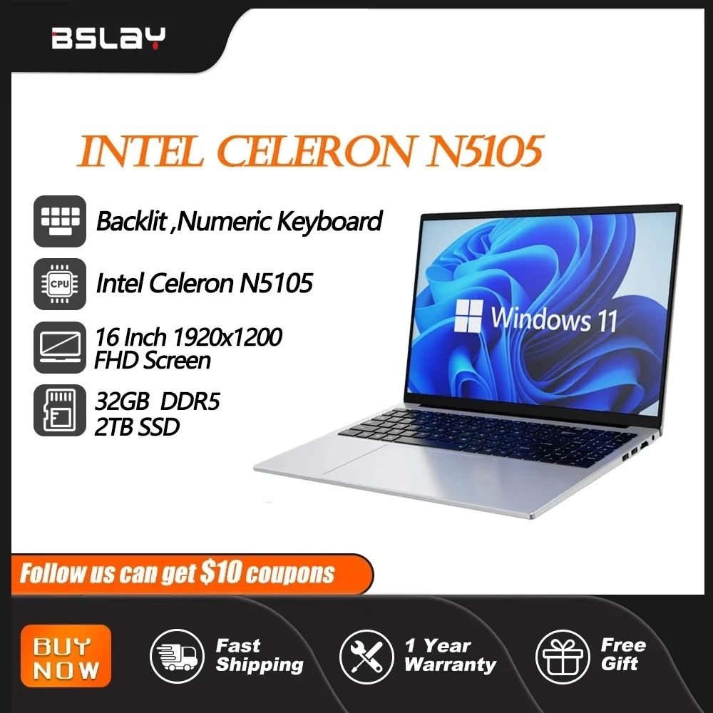 BLSAY-PC Gaming portátil com HDMI, 16 no portátil, Notebook Intel Celeron N5105, 32GB DDR5 2TB SSD, 1920x1200, Windows 11, Novo, Barato, 2022