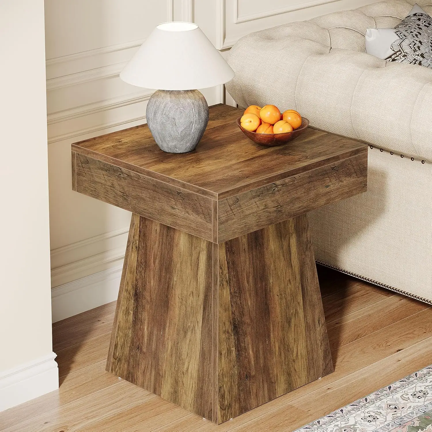 

Small End Table, Rustic Square Side Table with Wide Base, Farmhouse Small Nightstand Beside Bed, Next to Armchair