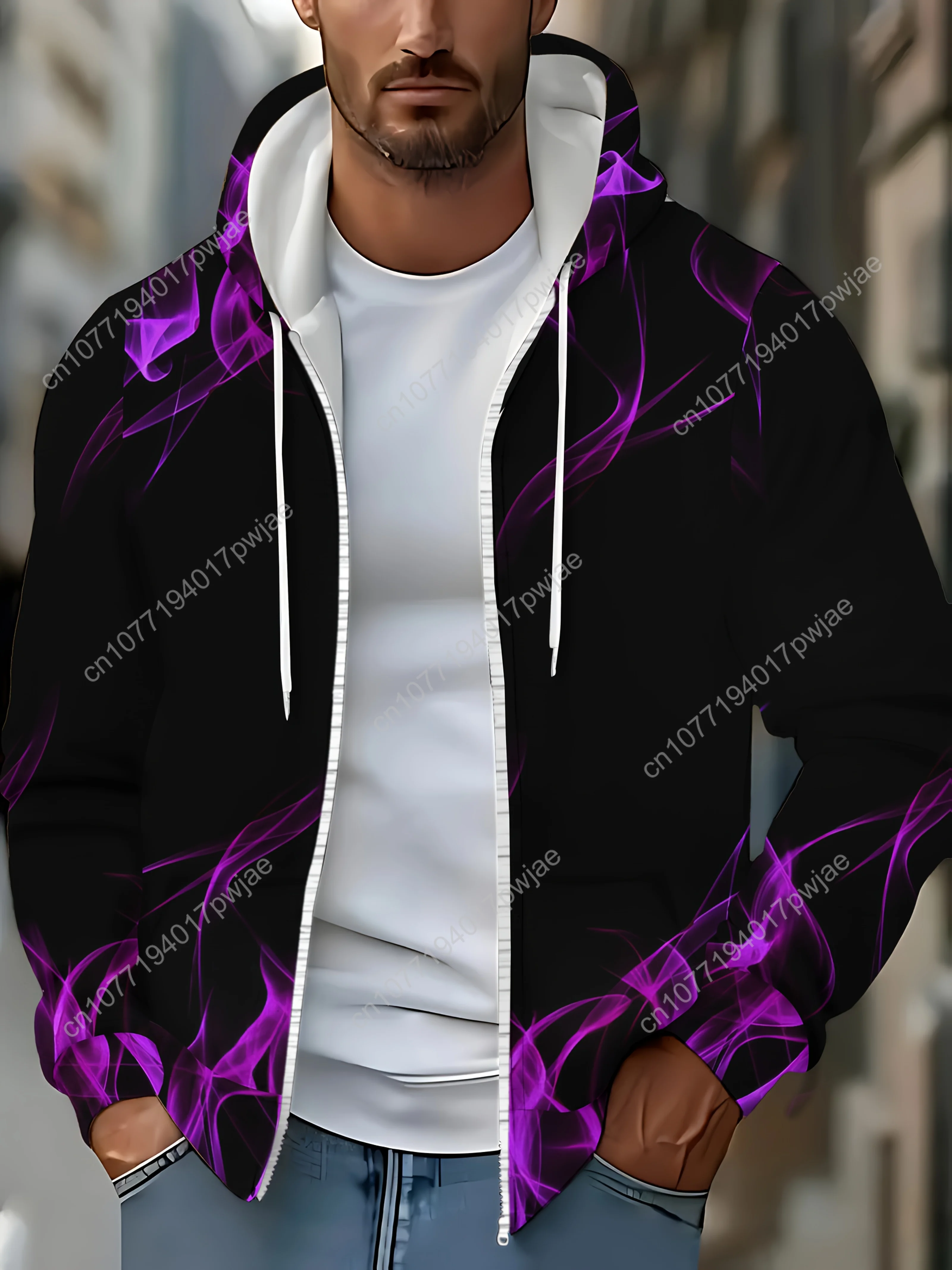 Moletom masculino com capuz roxo padrão de fumaça com zíper de manga comprida, jaqueta casual de outono inverno ao ar livre com cordão e bolsos