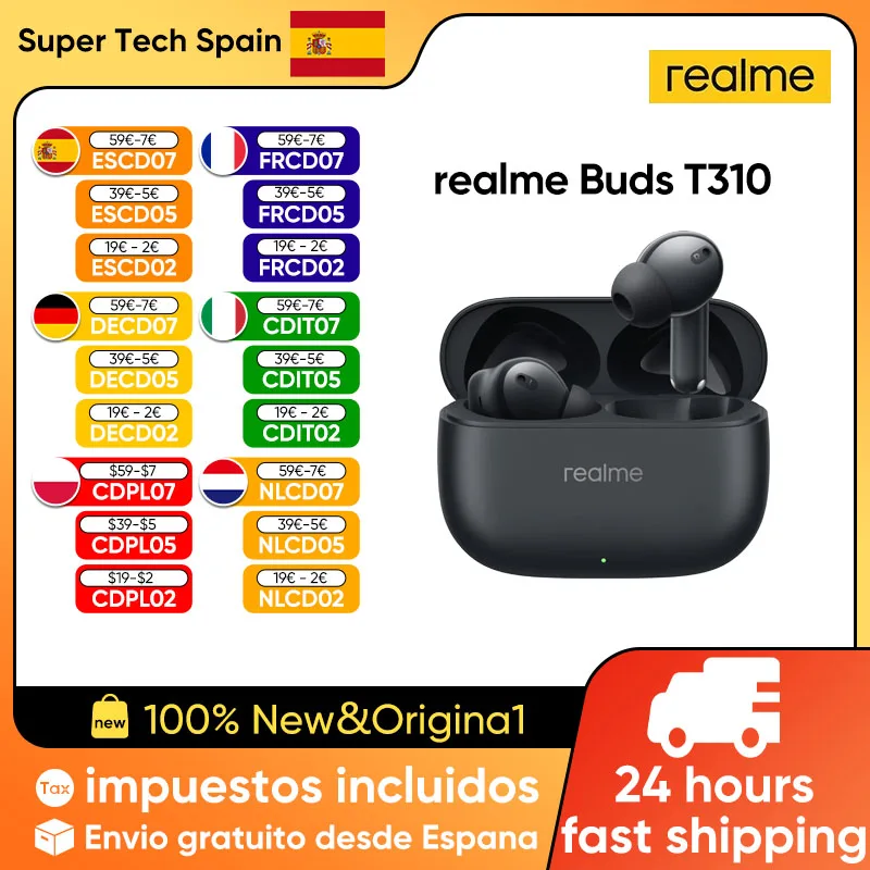 realme Buds T310 Cuffie Bluetooth 46dB Cancellazione ibrida del rumore Driver per bassi dinamici da 12,4 mm Riproduzione totale 40 ore