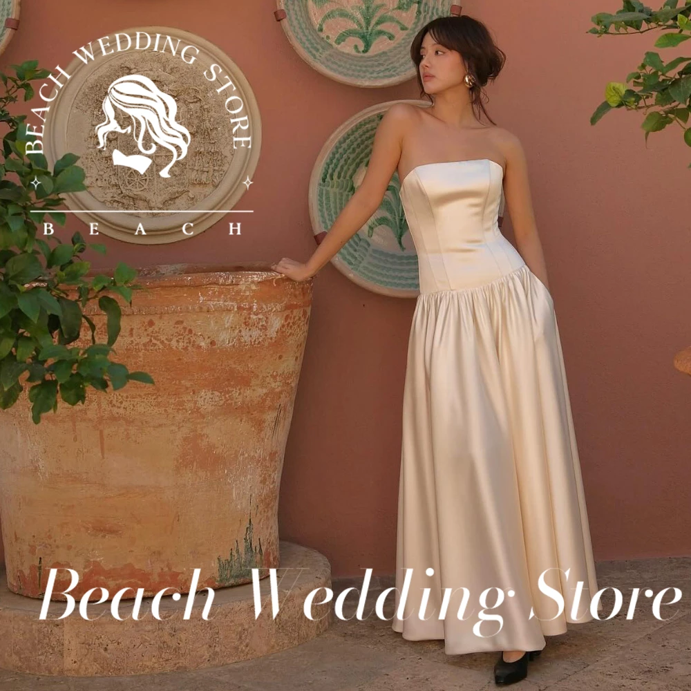 

Beach Wedding Store Customized Elegant Strapless Satin Wedding Dress with Structured Corset Bodice Convenient Side Pockets