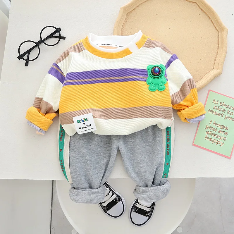 Ins Spring Autumn Kids Boys 2PCS Clothes Set Striped Astronaut Cotton Pullovers Loose Pants Suit Toddler Baby Boys Outfits