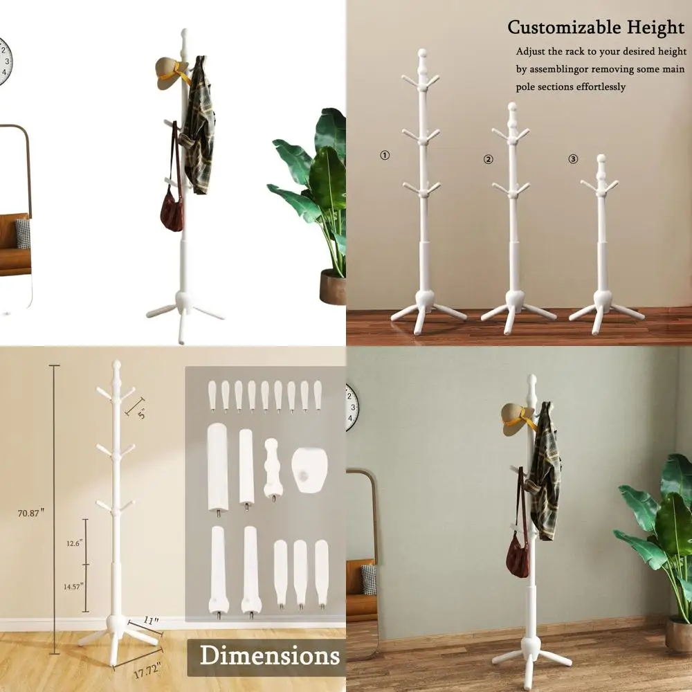 

Modern Heavy-Duty 9-Hook Solid Wood Coat Rack Stand, Adjustable for Various Spaces, White