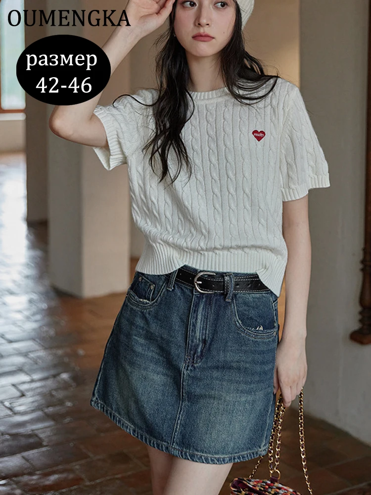 OUMENGKA Korea Y2k Knitted Women Top Solid Short Sleeve Mujer De Moda Summer New Fashion Female Casual Thin Croped Tops