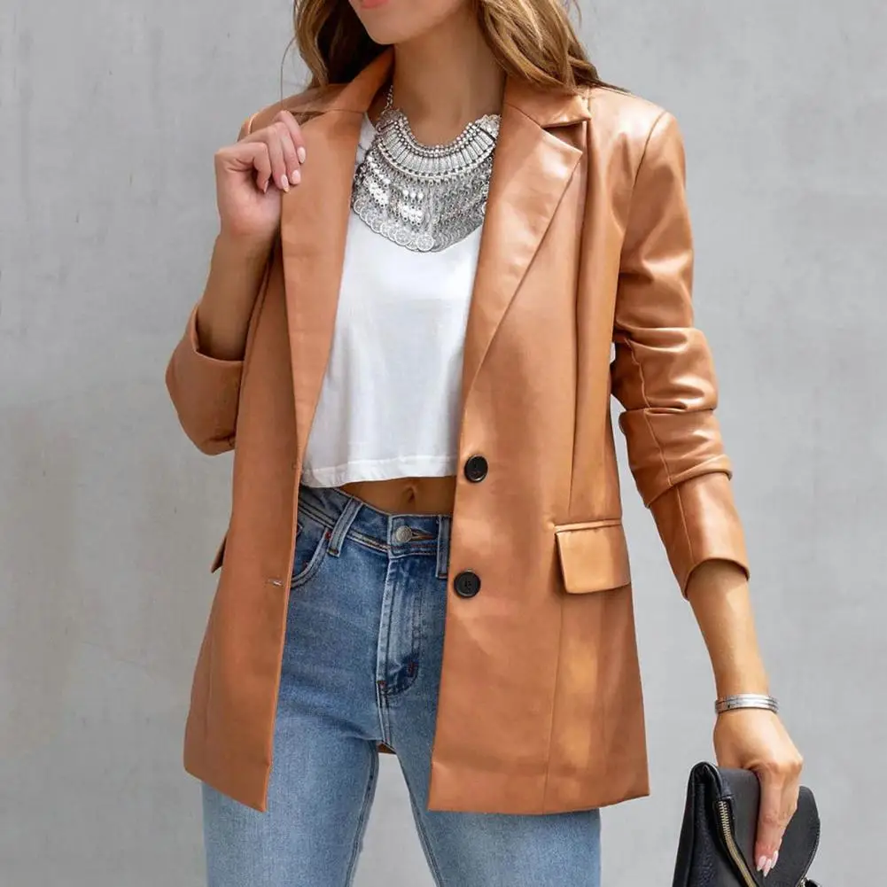 

Faux Leather Women Blazer Single-breasted Buttons Long Sleeves Lady Spring Coat Windproof Lapel Pockets Women Winter Jackets