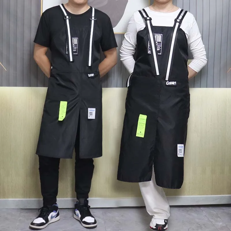 

Fashion Trendy Aprons Waterproof Oil Resistant 2 Bags Bibs Coffee Shop Hairdresser Slit Overall Chef Adjustable Nail Salon Apron