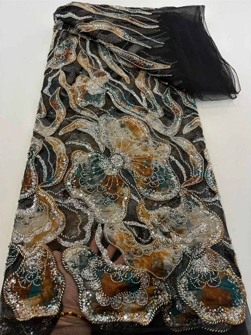 Kain Renda Jaring Payet Afrika 5 Yard Renda Tulle Jaring Perancis Nigeria Berkualitas Tinggi untuk Gaun Pesta Pernikahan Mewah Hitam Hm118-1