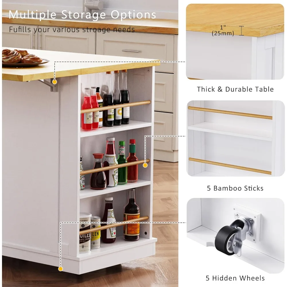 "Functional Kitchen Island with Drop Leaf, 3 Drawers, Breakfast Cart, Power Outlet, and Large Storage"