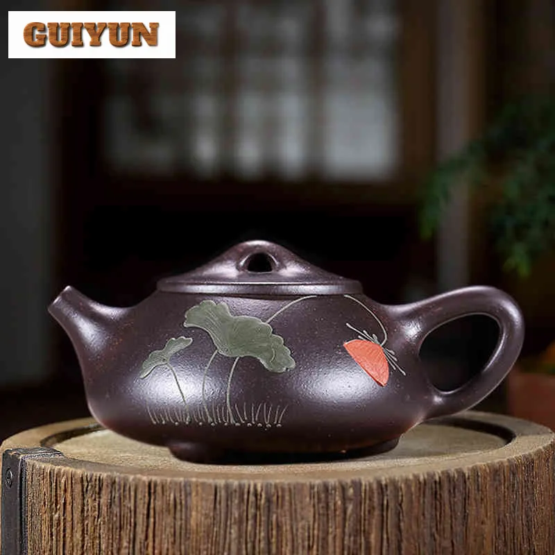 

250ml Yixing Purple Clay Teapots Handmade Stone Scoop Clay Drawing Pot Raw Ore Black Gold Mud Tea Soaking Kettle Zisha Tea Set