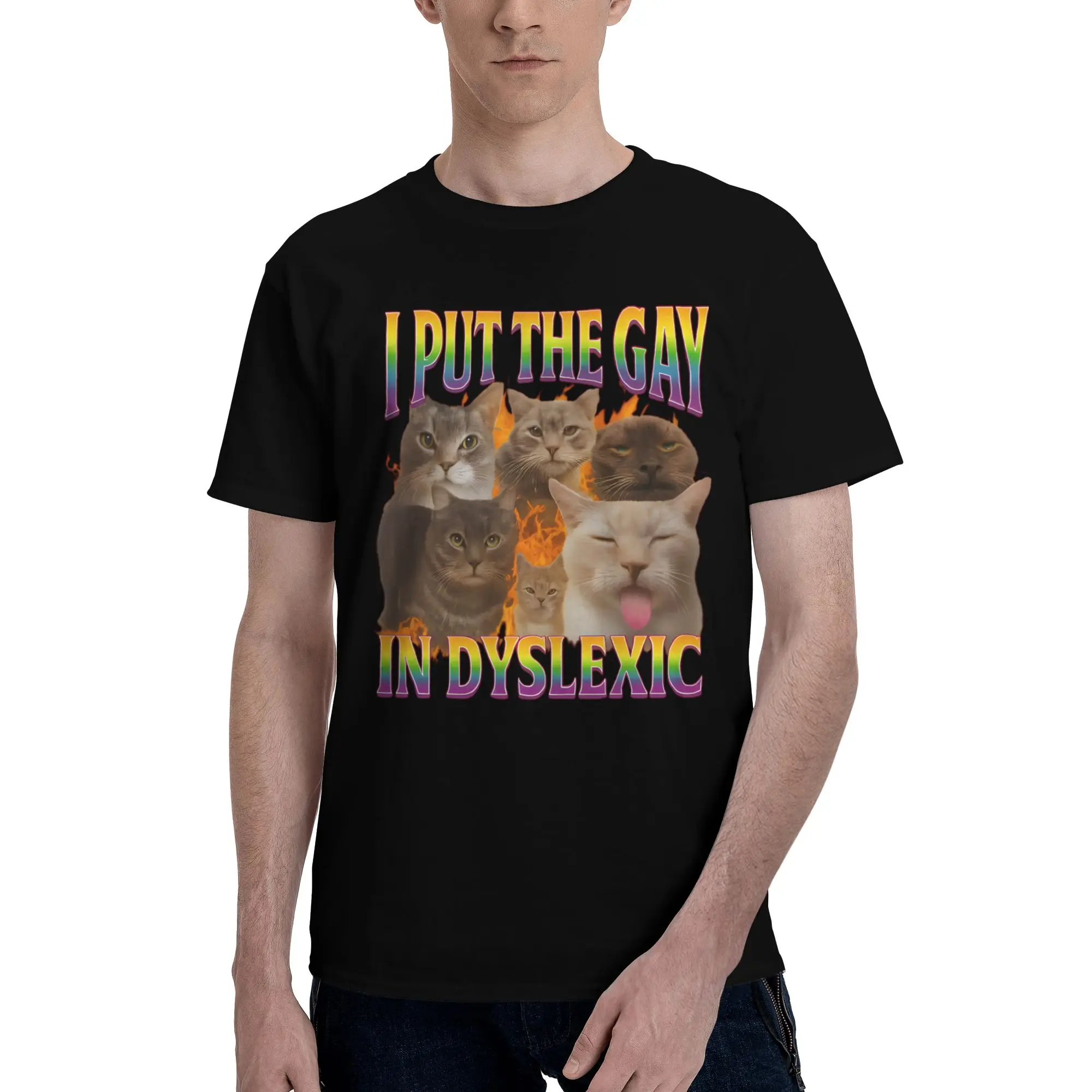 Men I Put The LGBT Gay In Dyslexic Funny Cat Meme T Shirt Summer Short Sleeve Pure Cotton T-shirt Casual Design Graphic Tee Tops