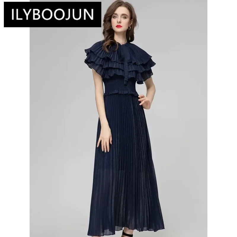 

ILYBOOJUN Spring Fashion Runway Navy Blue Vintage Pleated Dress Women O Neck Ruffles Frenulum High Elastic Waist Slim Long Dress