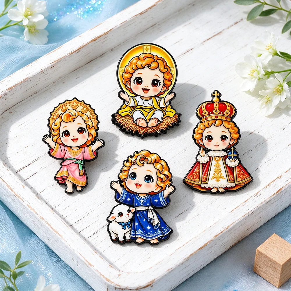 Cute Holy Infant Jesus Enamel Pin Set 4Pcs Cartoon Religious Baby Christ Lapel Brooches, Catholic Faith Badge for Backpack