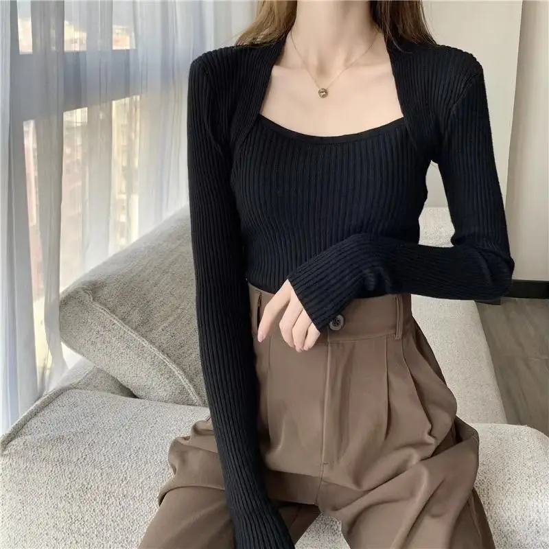 Autumn Winter New Korean Version Slim Square Collar Appear Thin Temperament Commute Knitted Sweaters Women\'s Long Sleeve Tops