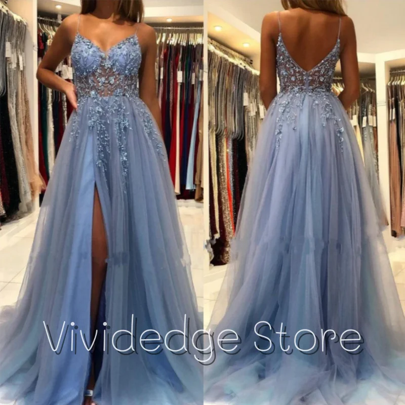 Customized Sky Blue Bohemian Wedding Dresses V-Neck Spaghetti Straps Beaded Appliques Backless Beach Wedding Bridal Gowns