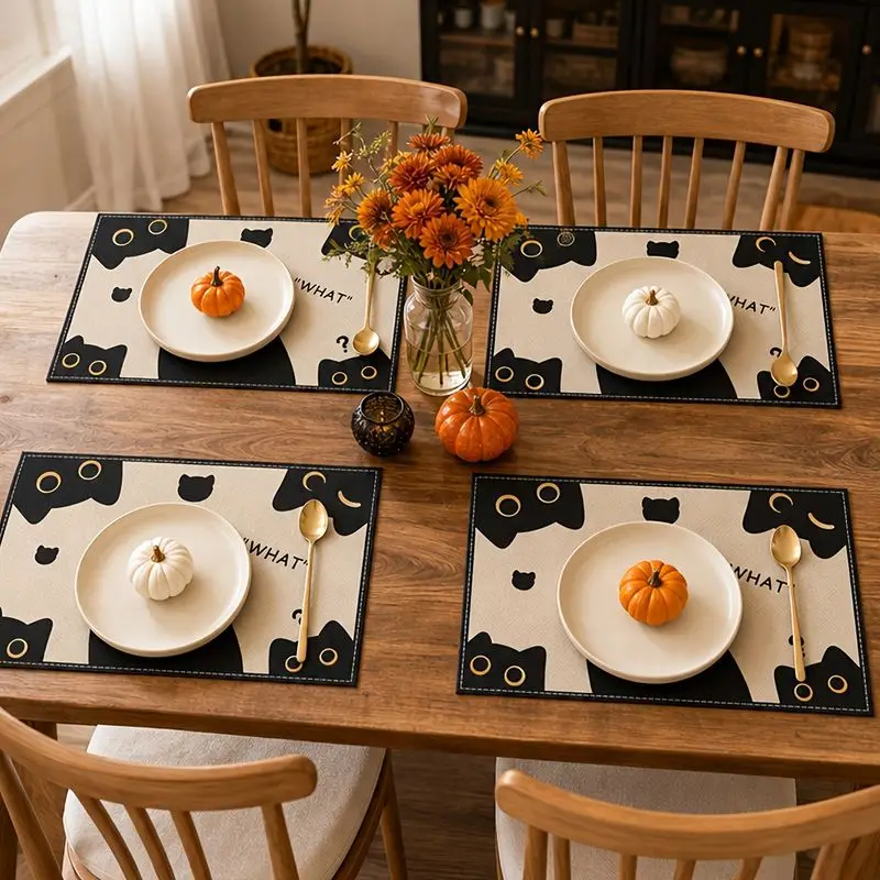VIKAMA Halloween Placemat Black Cat Print Dining Table Mat Set for Kitchen Home Party Decor Washable Place Mats