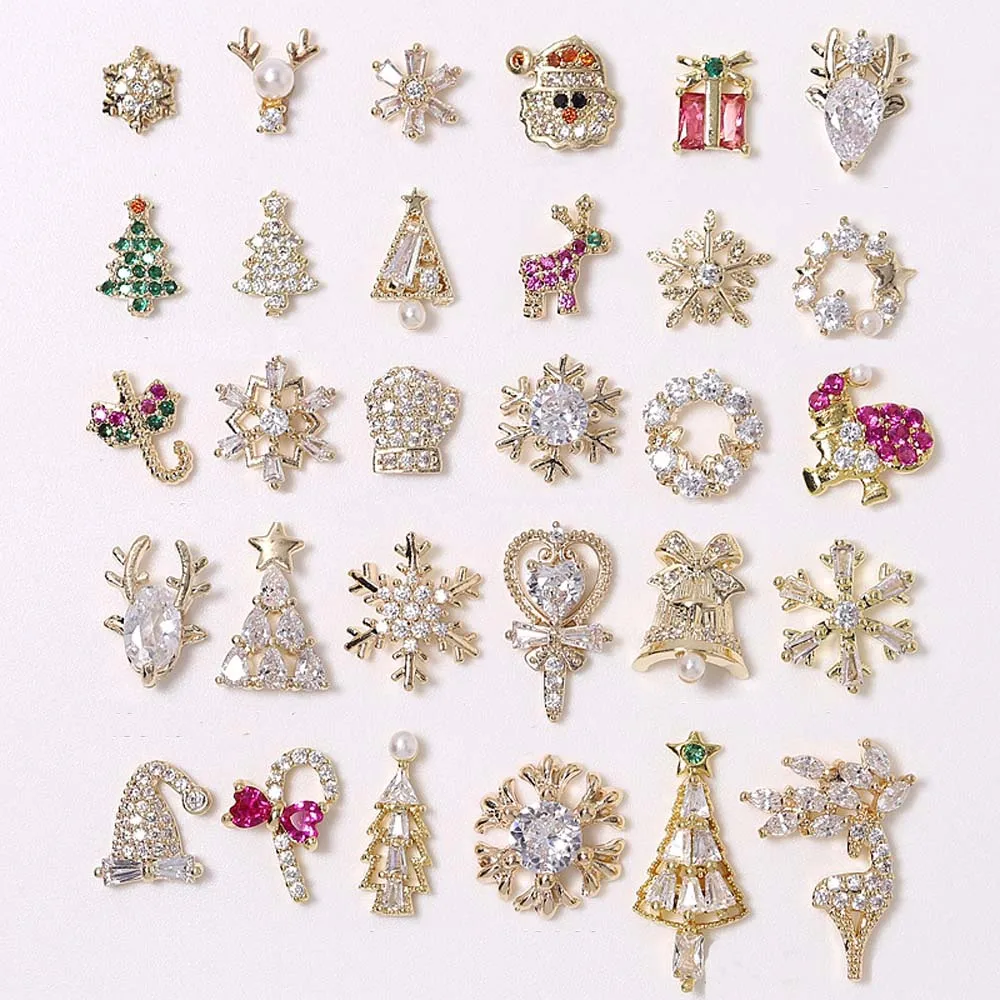 5pcs Luxury Christmas Nail Charms 3D Zircon Fashion Elk Gift Snowman Santa Claus Nail Decoration DIY New Year Nail Accessories