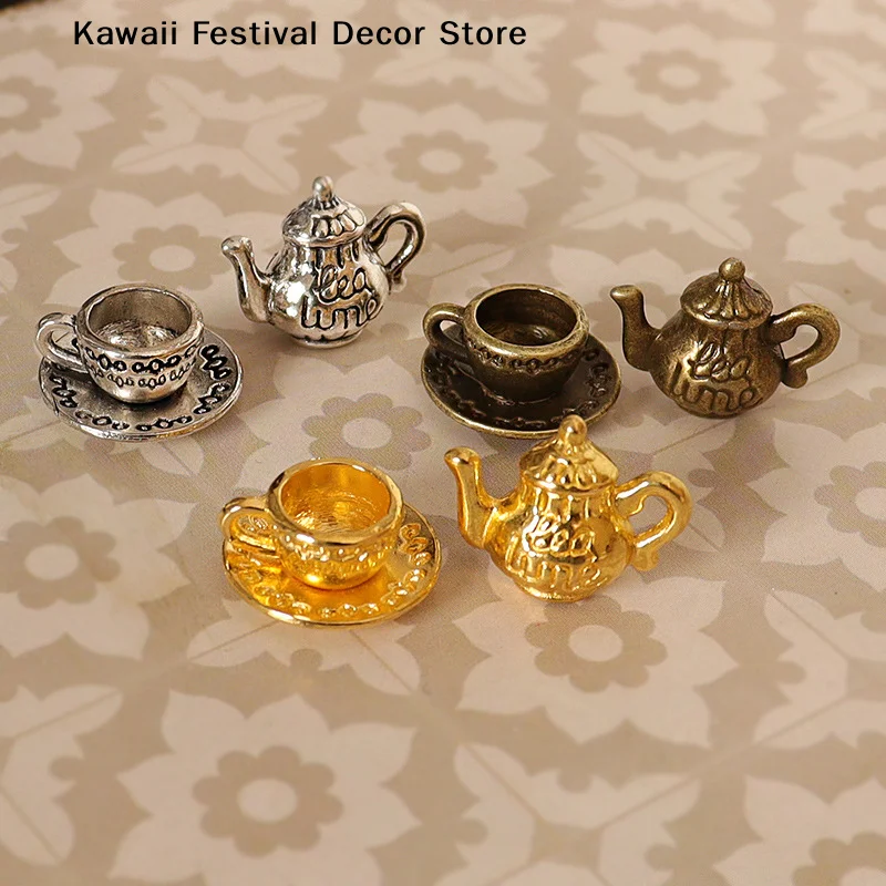 【K】1Set 1:12 Miniature Simulation Dollhouse Metal Teapot Cup With Saucer Kitchen Tableware For Doll Accessories Decoration Toy