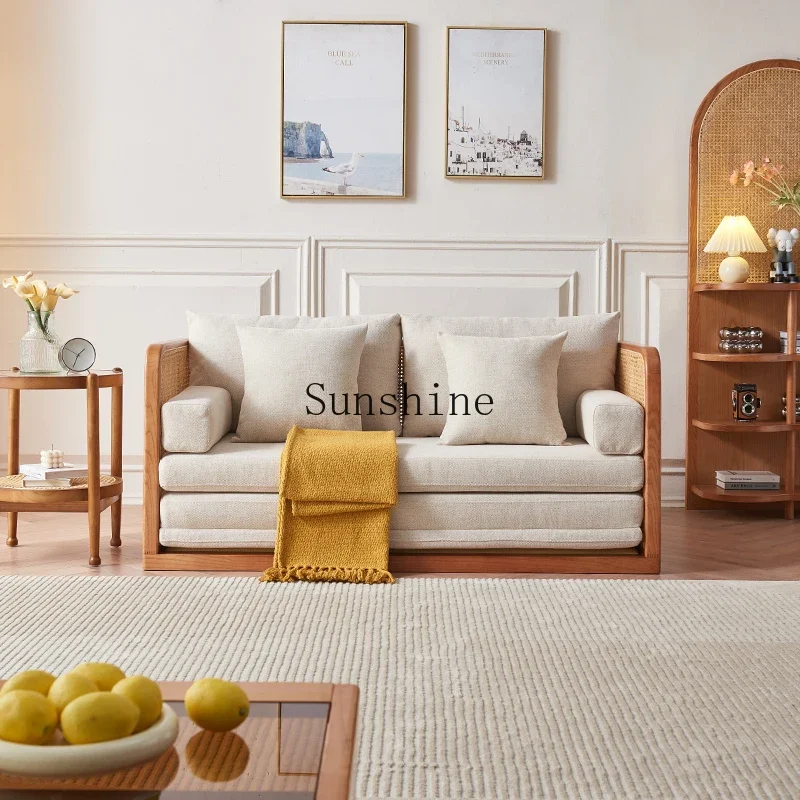 

Nordic solid wood sofa bed living room multi-functional rattan folding sofa