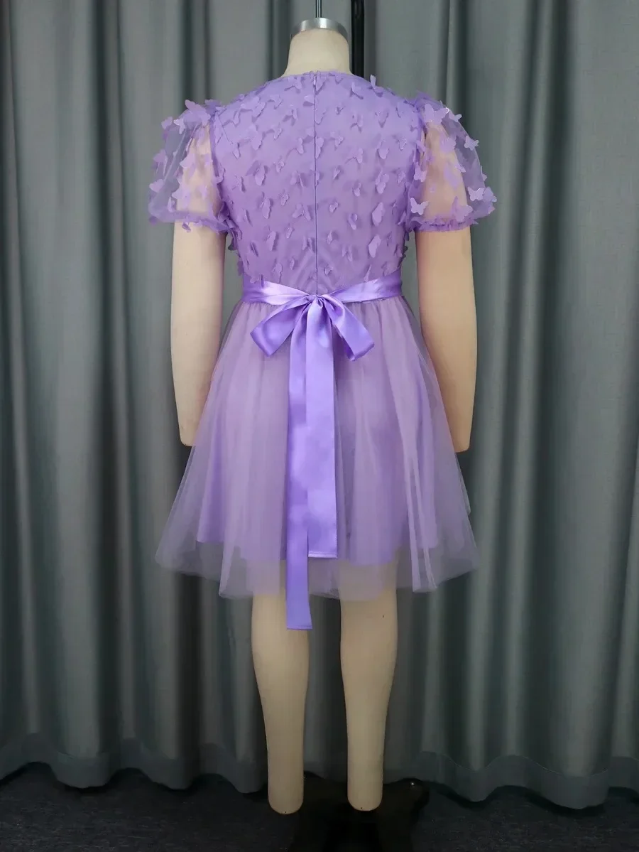 Vestidos de línea A de mariposa lavanda para mujer, cuello redondo, manga corta abombada, cintura alta, tul, vestidos de fiesta de noche y cumpleaños, minivestido