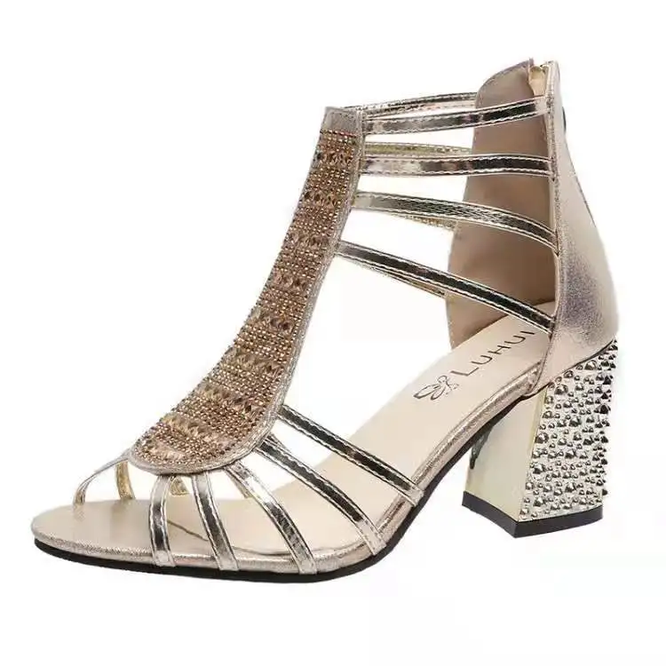 Rhinestone Open Toe Strappy Roman Sandals Shoes Woman 2024 Trend Gold Silver Heels Women High-heeled Zip Sandalias De Mujer