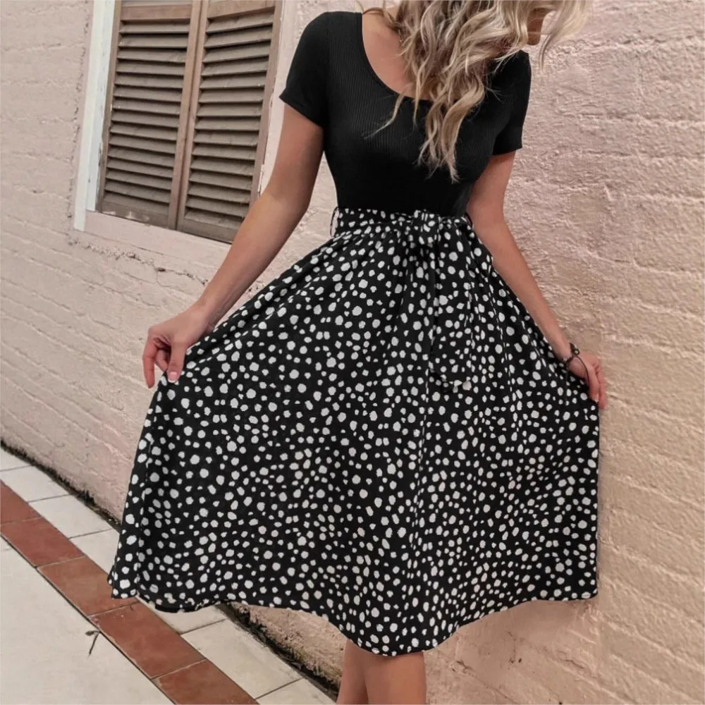 Dresses 2025 Woman New Style Printed T-shirt A-line Dress Solid Color Slim Vestidos All-match Simple Style Commuting Polka Dots