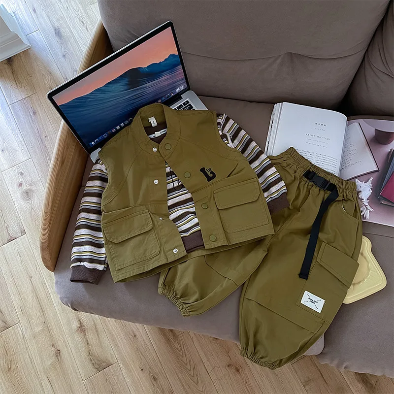 

Children 2025 Spring Autumn 2PCS Clothes Set For Boy Round Collar Embroidery Kid Boys Vest Spliced Jogger Pants Boys Sports Suit