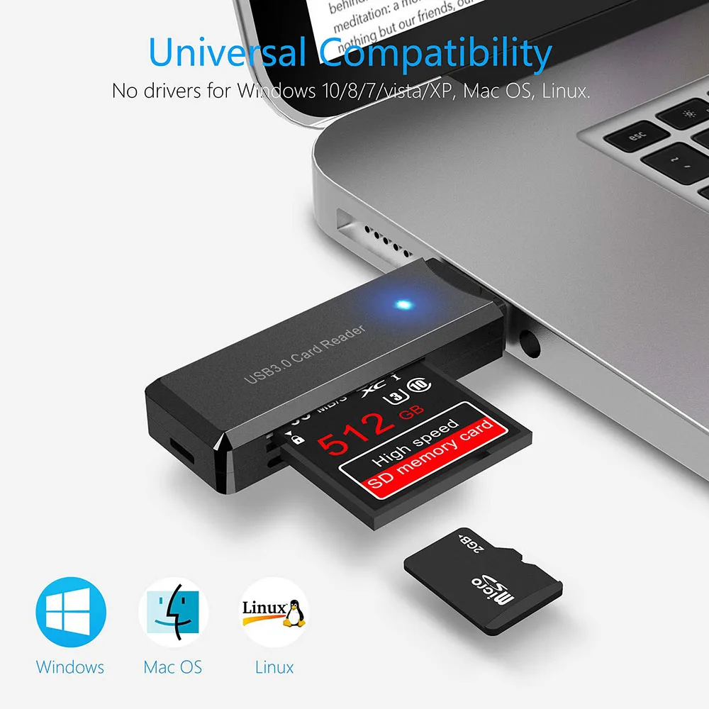 USB3.0 Card Reader Micro SD HC XC TF MIMC RSMMC Memory Card Writer View Adapter Dongle LED Light Computer Laptop Memory Extender