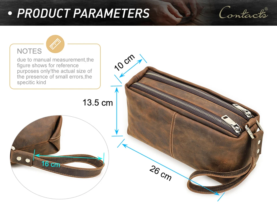 CONTACT'S Vollnarbenleder Herren-Handgelenktasche mit Doppelreißverschluss, Reise-Organizer, große Kapazität, handgefertigte Herrentasche – Detail 3