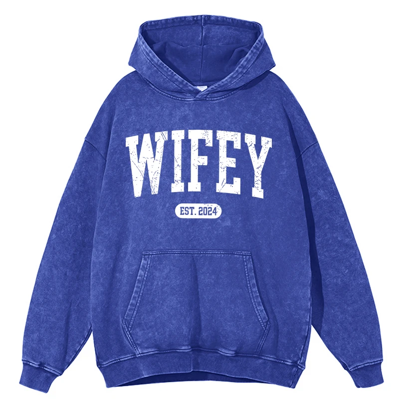 Vintage Womans Acid Wash Hoodies Wifey Est.2024 Letter Prints Pullovers Pocket Oversize Cotton Hooded Fashion Female Clothes