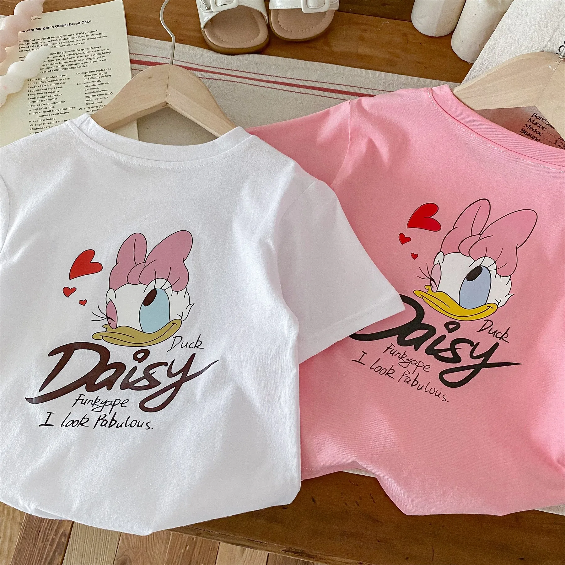 Disney Cartoon Cute Baby Girl\'s T-shirt Summer Clothing Loose Casual Short Sleeve Top Children Tees Daisy Pattern Kids T Shirts