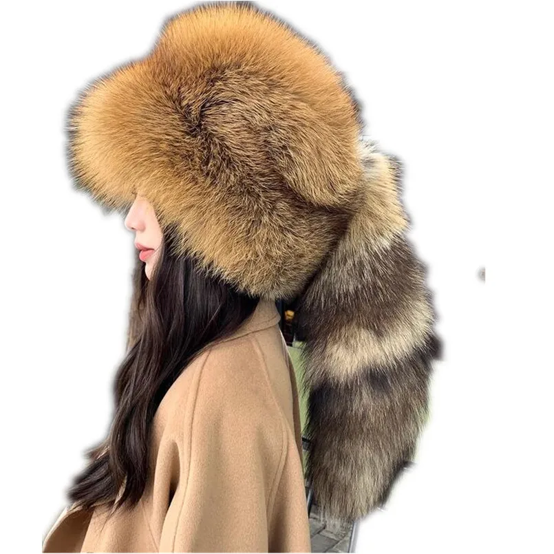 Snow Thicken Outdoor Russian Winter Cap Genuine Red Fox Fur Women Handmade Warm Fluffy Ushanka Hats