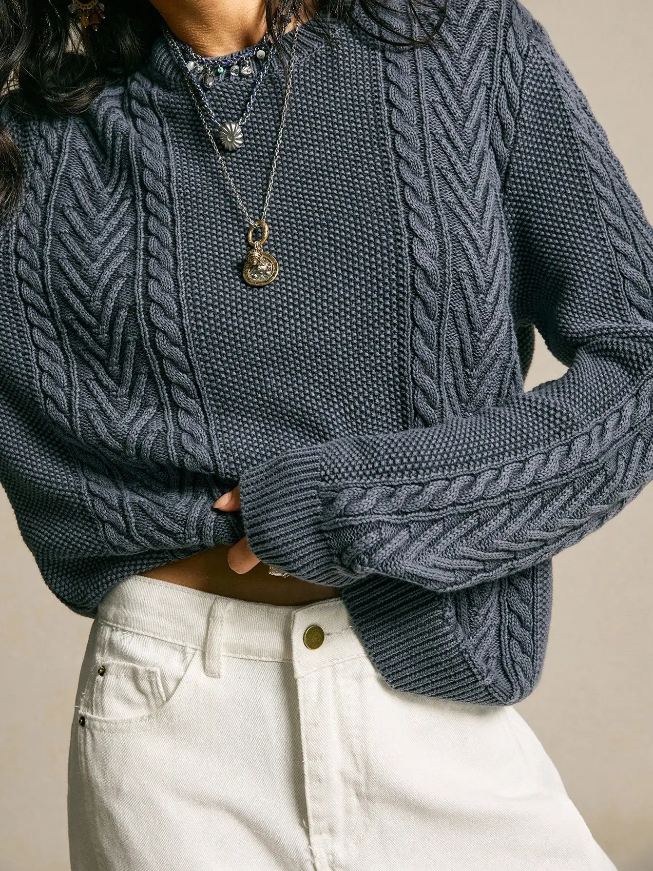 Boho Grunge Indie Sleaze Crewneck Cable Knitwear Retro Bohemian Aesthetic Long Sleeve Soft Pullover Top Slate Blue Solid Hue Vintage Acid-Washed Textured Braided Motifs Ribbed Trims Relaxed Fit For Everyday Autumn Casual New Year Gift