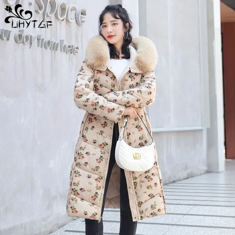 UHYTGF Two-sided Wearing Down Jackets For Women Winter Clothes Women Coat 2024 Windproof Long Print Simple Basic Feather Coats