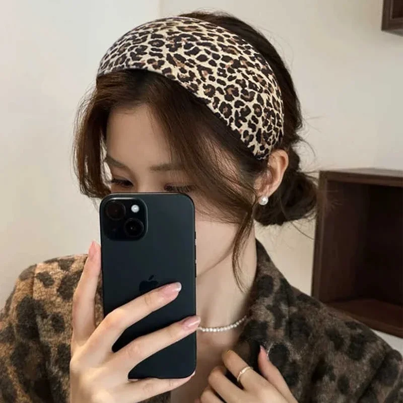 Faixa de cabelo com estampa de leopardo, faixa de cabelo para mulheres, meninas, retrô, faixa de cabelo larga, acessórios de cabelo da moda