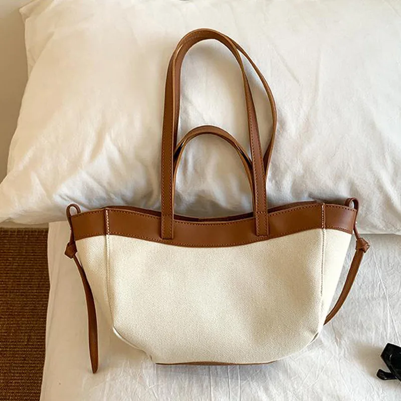 

Designer Contrast Color Tote Bag,Canvas Spliced Women Underarm Shoulder Bag,Large Capacity Commuting Shopper Bucket Handbag