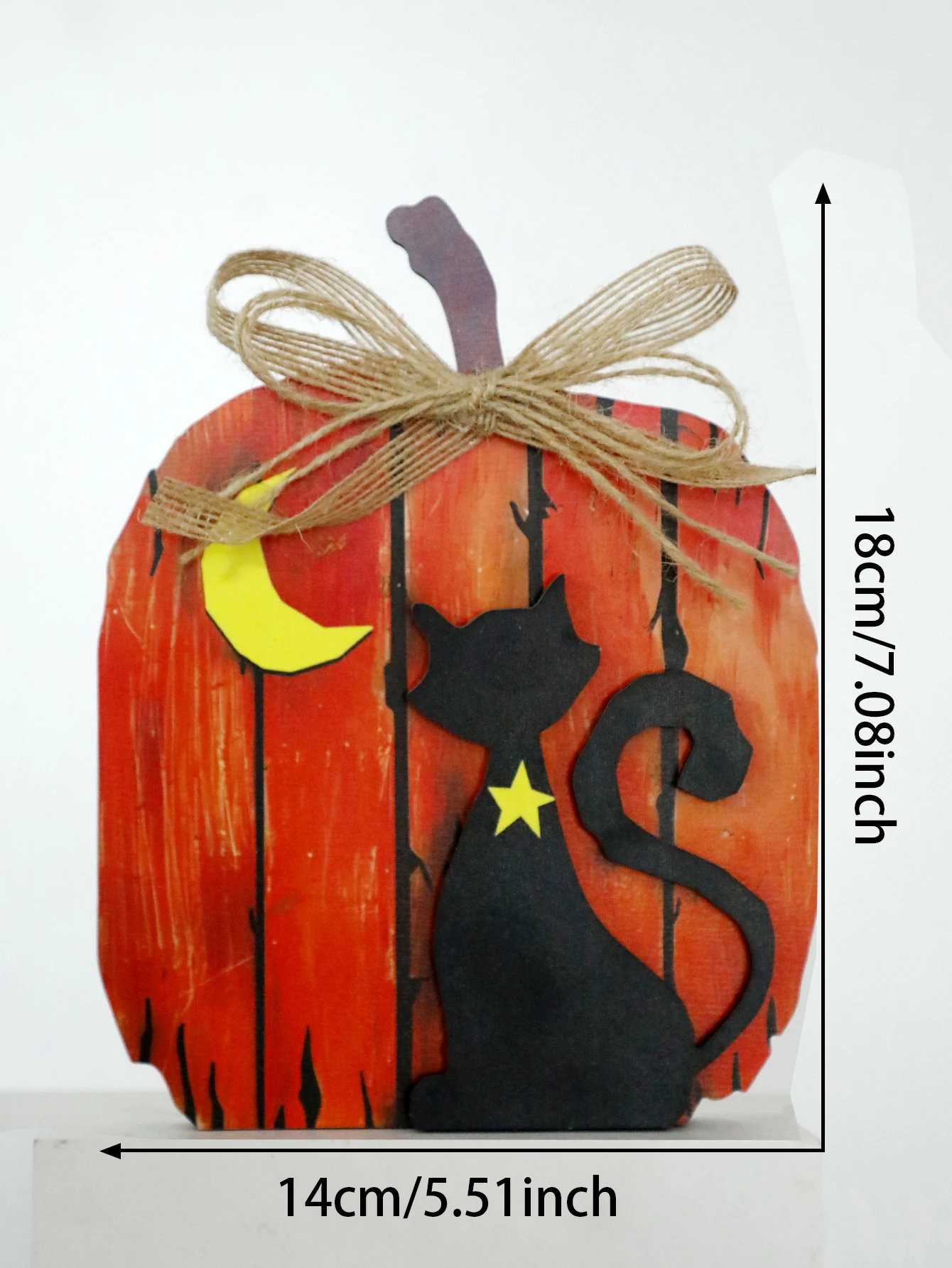 Halloween Wooden Pumpkin Table Ornament Black Cat Moon Design Burlap Bow Spooky Cute Home Desktop Decor