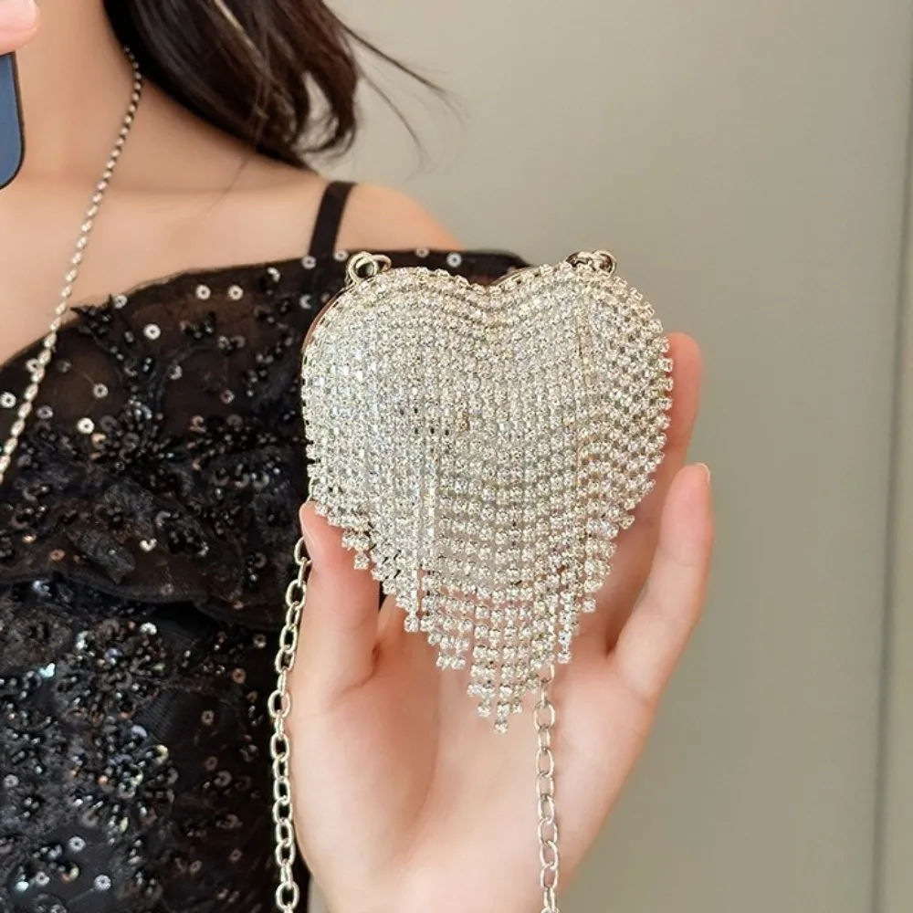 

Retro Rhinestone Tassel Dinner Bag Acrylic Korean Style Banquet Chain Bag Heart Shaped Single Shoulder Lipstick Bag Girls