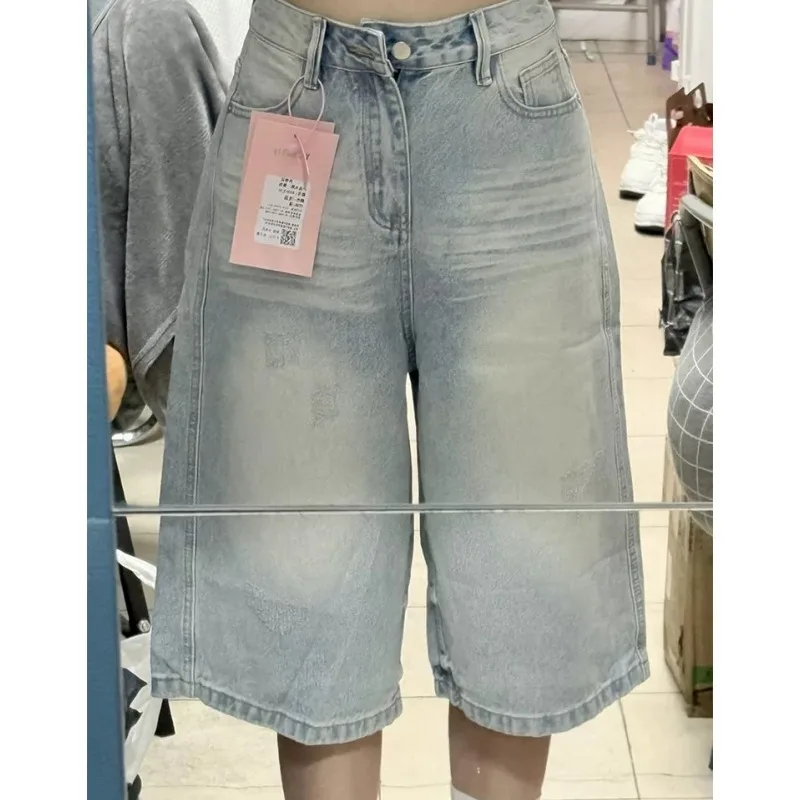 Womens Jeans and Pants Light Blue High Street Wide Leg Washed Distressed Faded Cropped Straight Summer New Trendy Vintage Style