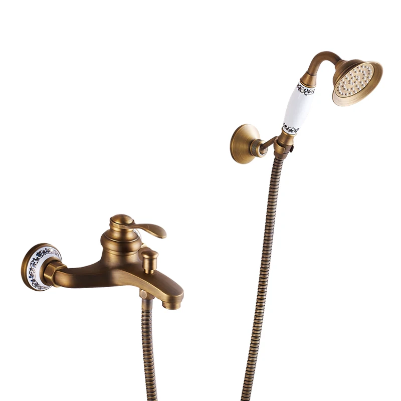 Shower Head Kit Shower Faucet Sets Telephone Style Bathtub Faucet Bathroom Bath Wall Mounted Hand Held Antique Brass