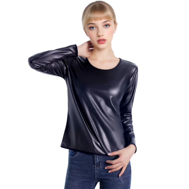 クールガールフェイクレザー長袖シャツオートバイバイカーボディシェイパーウエストトレーナースリム Tシャツファッションカジュアルシェイプウェアトップス